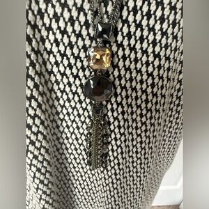 Vera Wang Long Necklace Silver Tone, Black & Gold Rhinestones Fringe with Beads